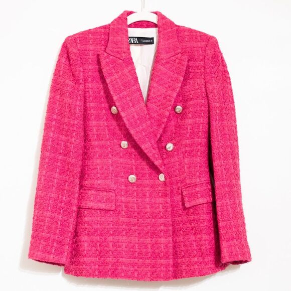 Blogger Fave Zara Textured Tweed Fuschia Pink Double Breasted Blazer Size XS - Picture 6 of 14